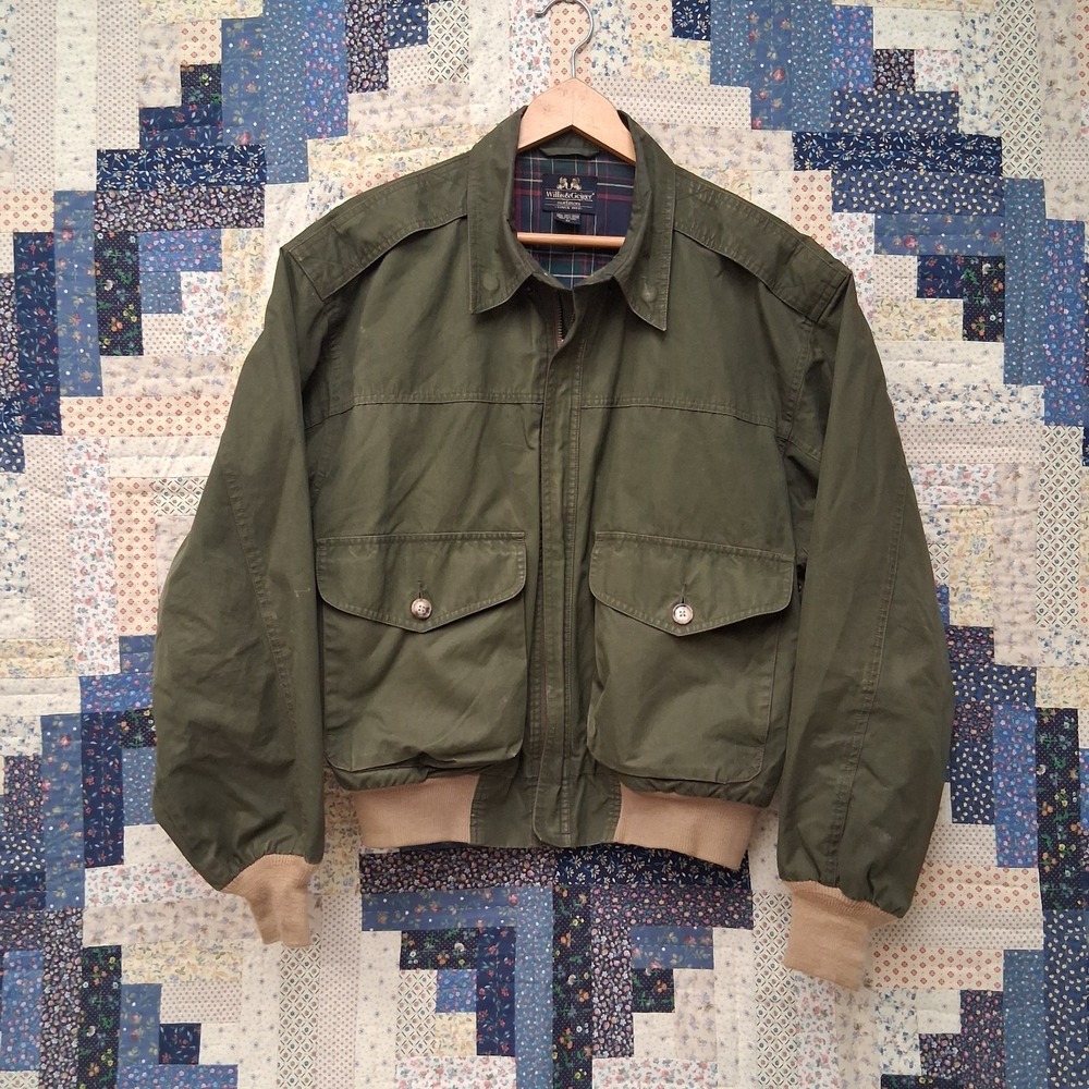 90s Willis &‎ Geiger Summer Flight Jacket Olive Green Plaid Lined Size Medium
